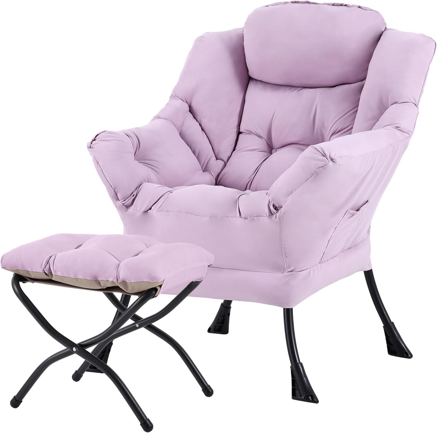 Modern Large Accent Chair with Ottoman, Comfy Leisure Sofa Armchair with Footrest, Reading Chair for Bedroom, Living Room, Dorm Rooms, Garden Dark Grey