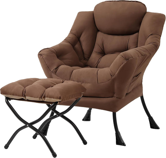 Modern Large Accent Chair with Ottoman, Comfy Leisure Sofa Armchair with Footrest, Reading Chair for Bedroom, Living Room, Dorm Rooms, Garden Dark Grey