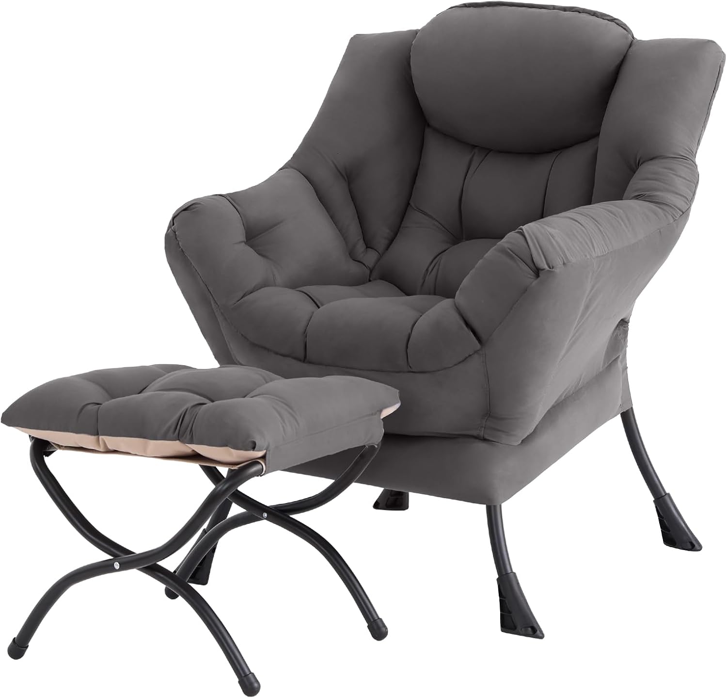 Modern Large Accent Chair with Ottoman, Comfy Leisure Sofa Armchair with Footrest, Reading Chair for Bedroom, Living Room, Dorm Rooms, Garden Dark Grey