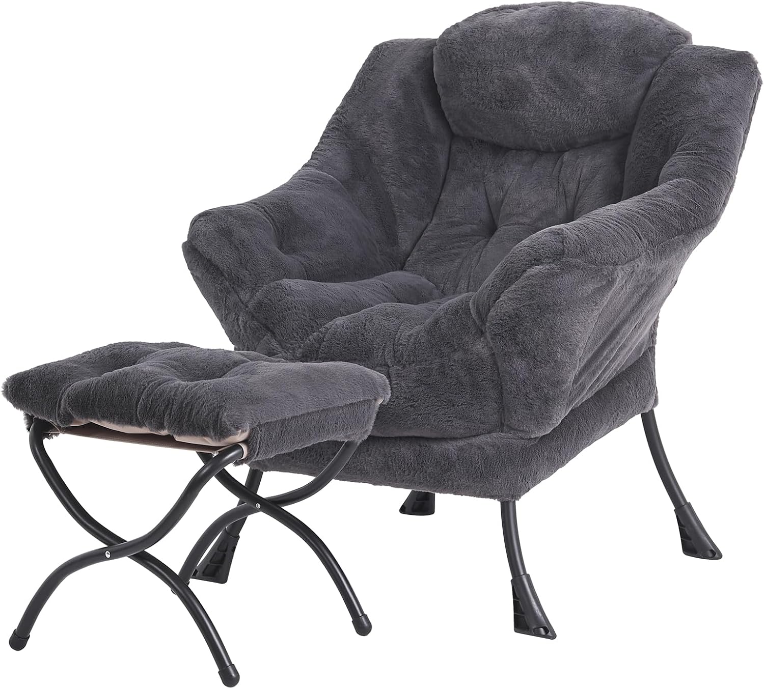 Modern Large Accent Chair with Ottoman, Comfy Leisure Sofa Armchair with Footrest, Reading Chair for Bedroom, Living Room, Dorm Rooms, Garden Dark Grey