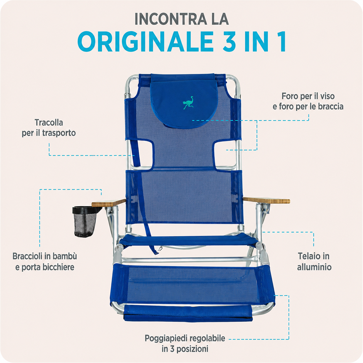Sedia da spiaggia reclinabile portatile 3 in 1 con borsa termica