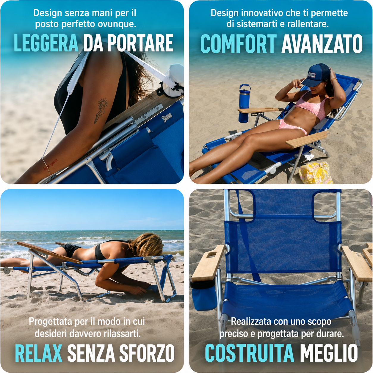 Sedia da spiaggia reclinabile portatile 3 in 1 con borsa termica
