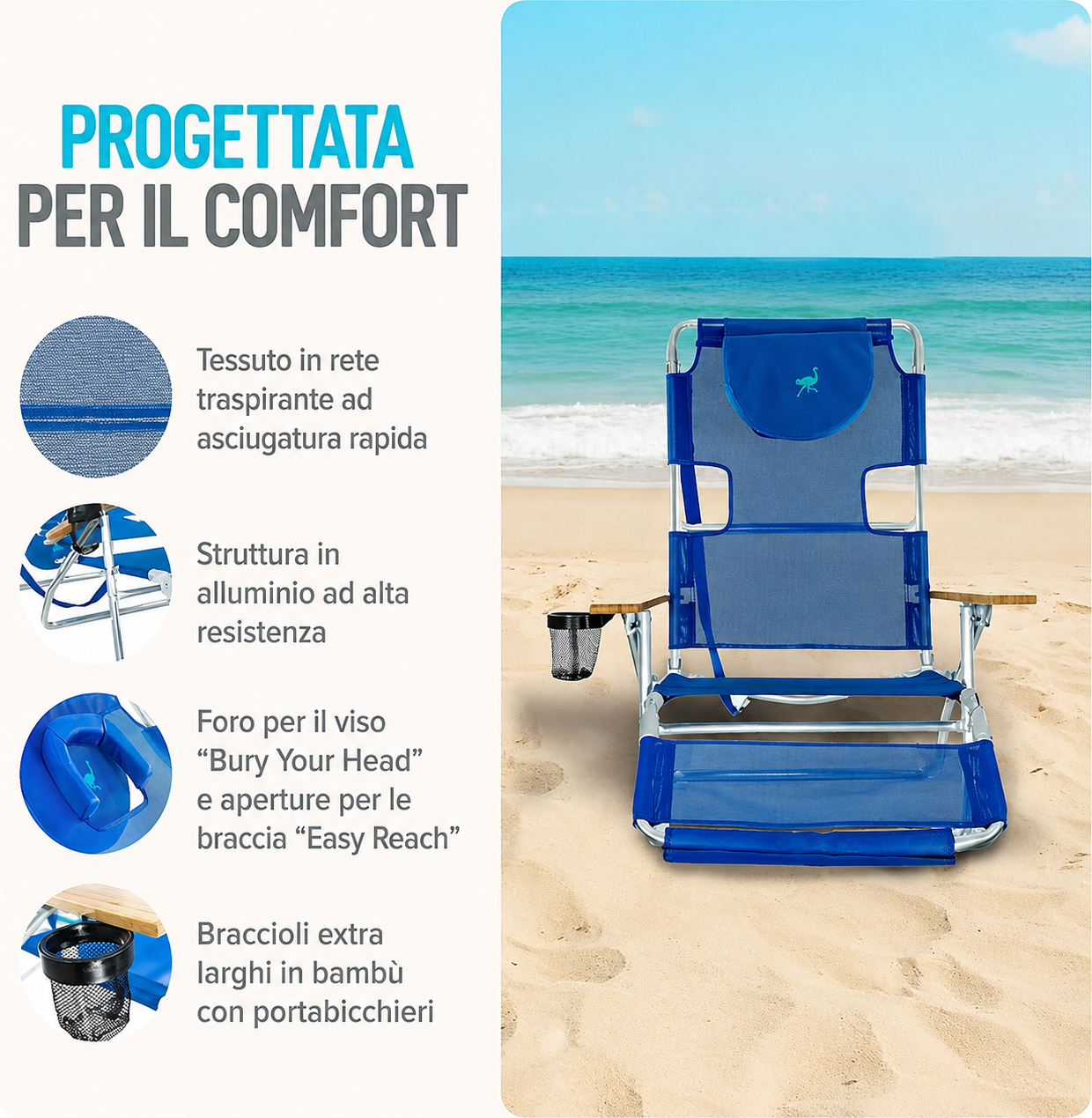 Sedia da spiaggia reclinabile portatile 3 in 1 con borsa termica