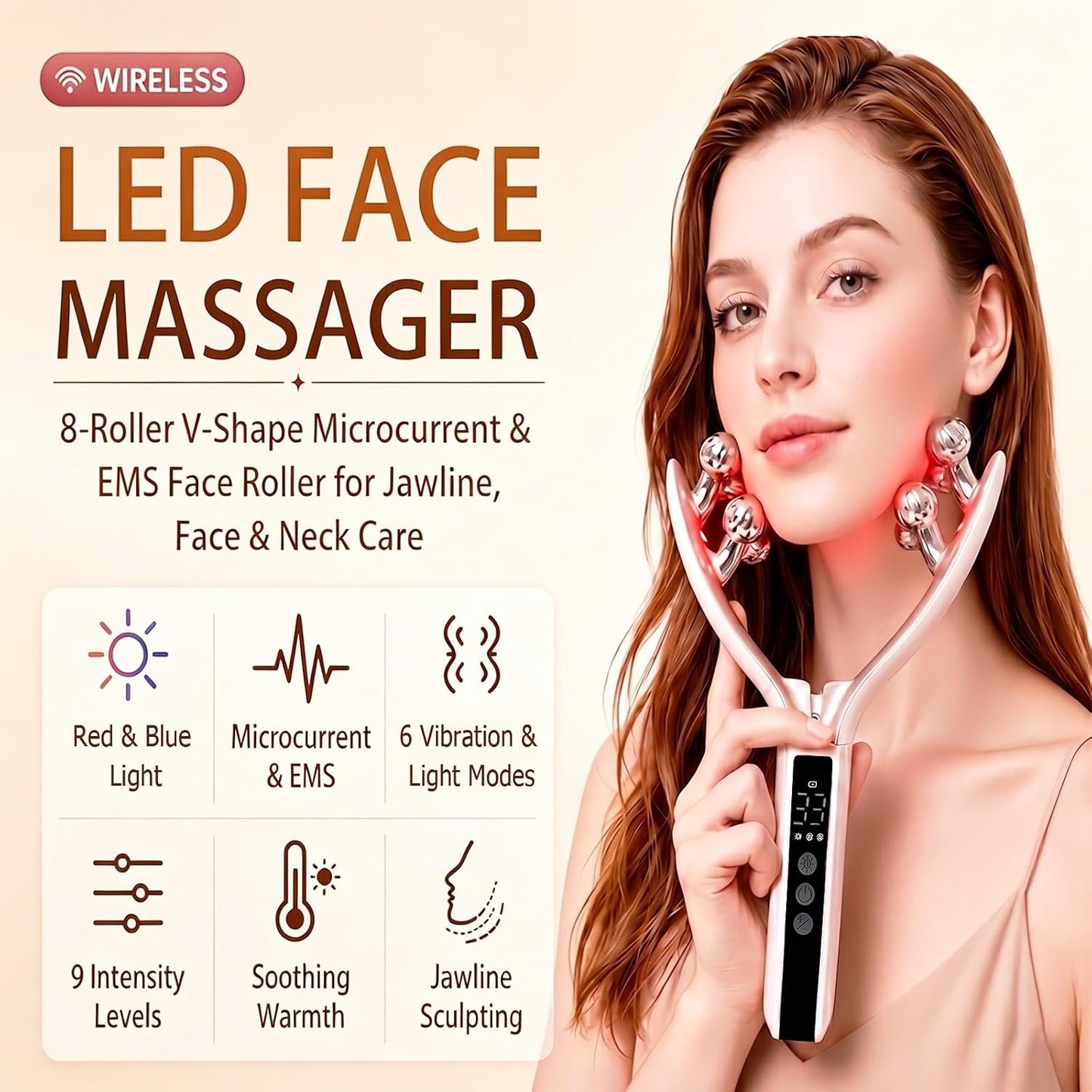 Wireless 8-Roller 3D Face Massager with LED Microcurrent EMS & V-Shape Sculpting