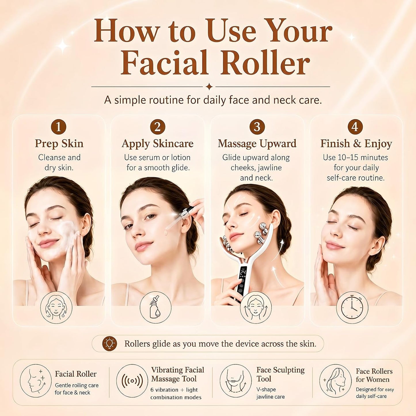 Wireless 8-Roller 3D Face Massager with LED Microcurrent EMS & V-Shape Sculpting